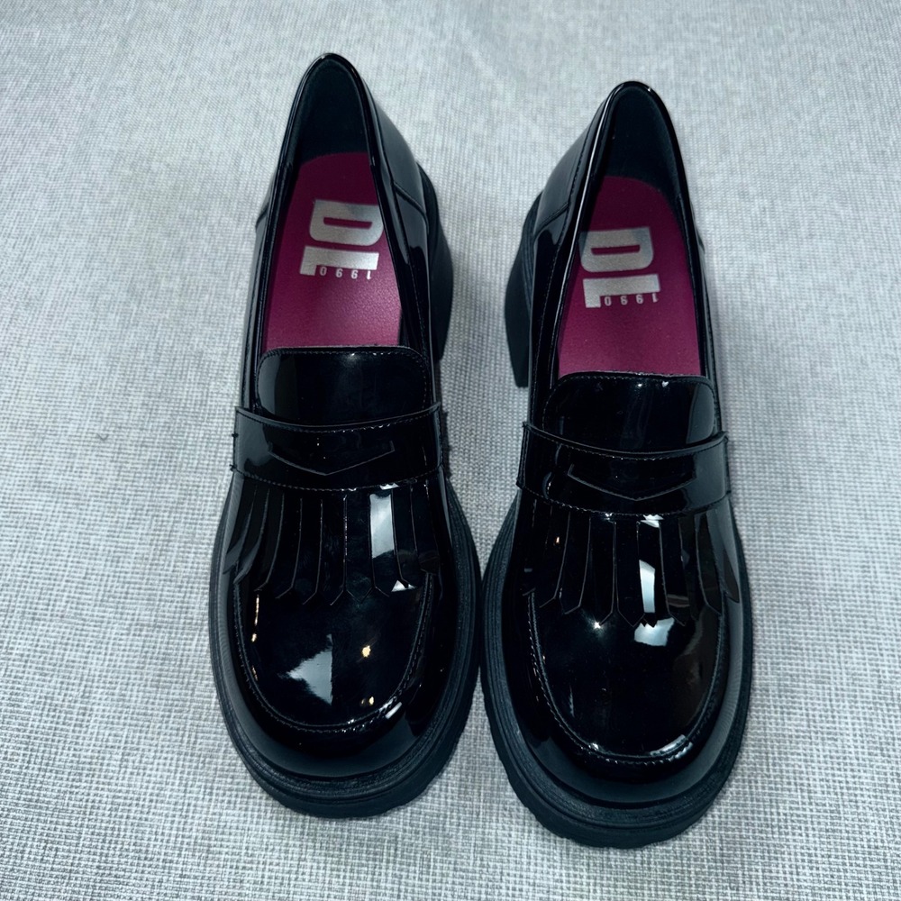Dirty Laundry Black Patent Kiltie Fringe Platform Penny Loafers Block Heel 9.5